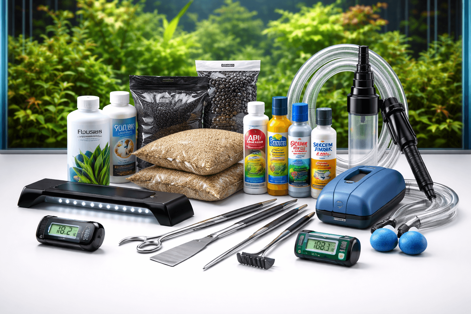 Aquarium accessories including lights air pumps and fish tank essentials